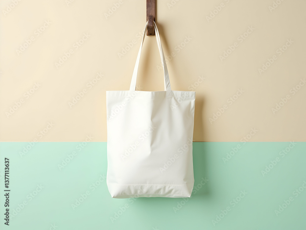 Elegant white cotton tote bag hanging against a two tone pastel wall, perfect for showcasing branding designs and promoting eco friendly lifestyle choices