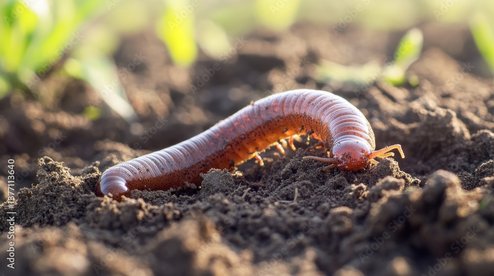 Close-up of a reddish-brown millipede crawling on dark soil. Close-up of a reddish-brown millipede crawling on dark soil.
