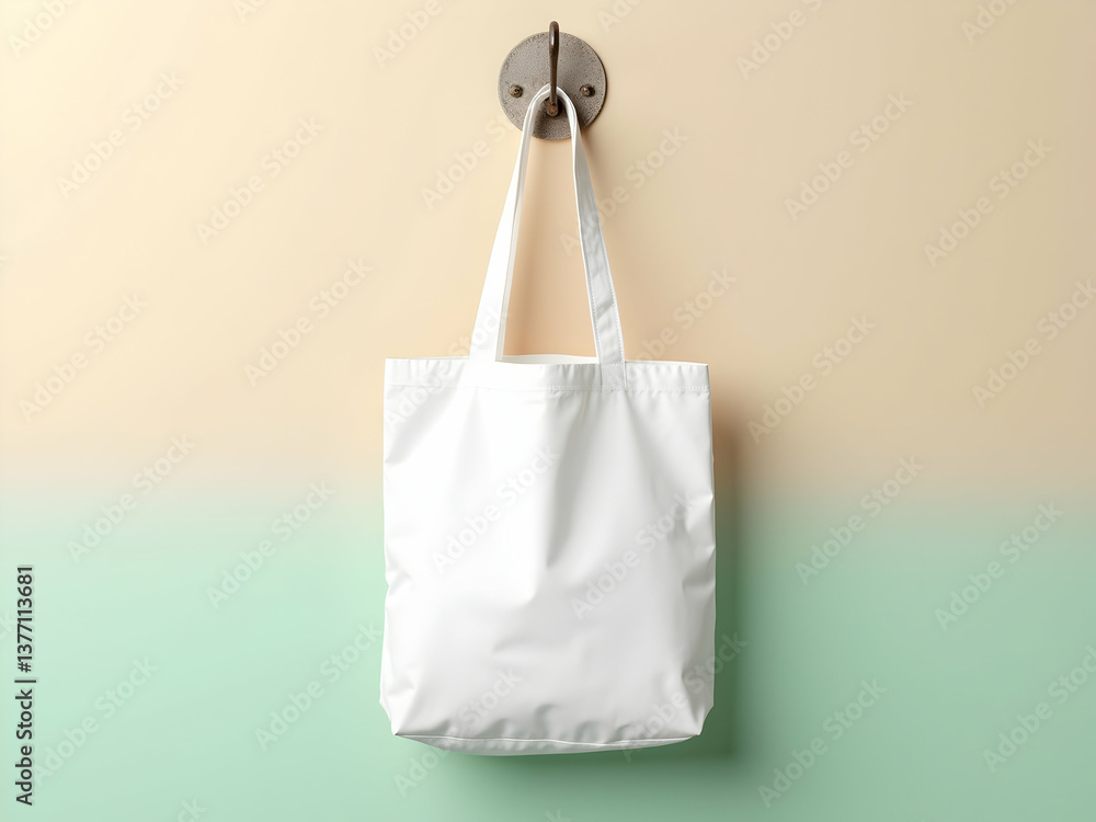 Elegant white cotton tote bag hanging on a rustic metal hook against a gradient pastel colored wall ideal for showcasing designs and sustainable lifestyle products