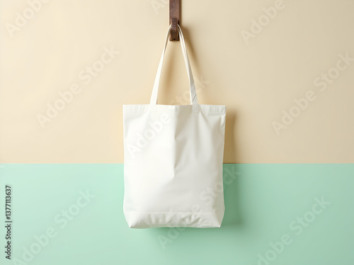 Obraz na płótnie Elegant white cotton tote bag hanging against a two tone pastel wall, perfect for showcasing branding designs and promoting eco friendly lifestyle choices w salonie