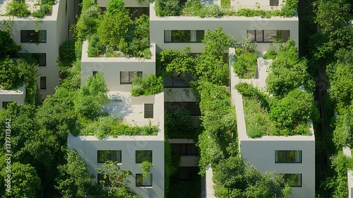 Lush green rooftop gardens engulf modern white buildings, creating a stunning urban oasis.  A vision of sustainable architecture and nature's reclaiming.