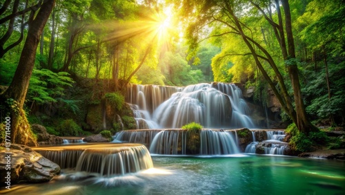 Serene Waterfall in Lush Forest with Sunlight