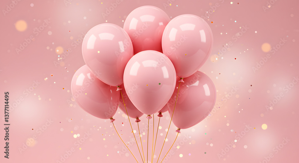 Generative AI illustration of pastel pink balloons with golden strings floating against a soft pink background with sparkles. Generative AI illustration of pastel pink balloons with golden strings floating against a soft pink background with sparkles.
