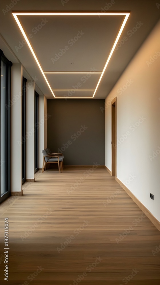 Fototapeta premium Modern minimalist hallway interior design. Light wooden floor, recessed lighting, and a grey chair. Perfect for real estate, architecture, and interior design projects.