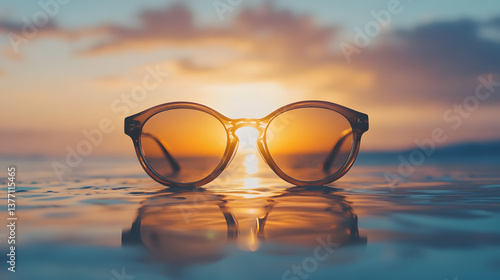 Wallpaper Mural Golden Sunset Glimpse through Sunglasses: Captivating image featuring sunglasses resting on a surface reflecting the warm hues of a sunset, creating a sense of serenity and visual harmony. Torontodigital.ca
