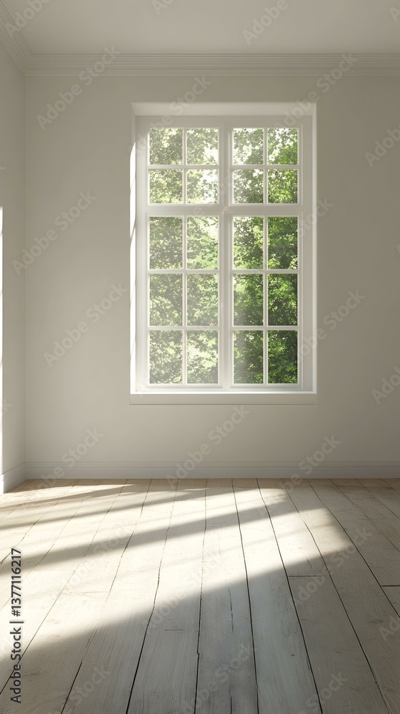 Fototapeta premium Sunlit room interior with large window showing lush green trees. Empty space perfect for design mockups.