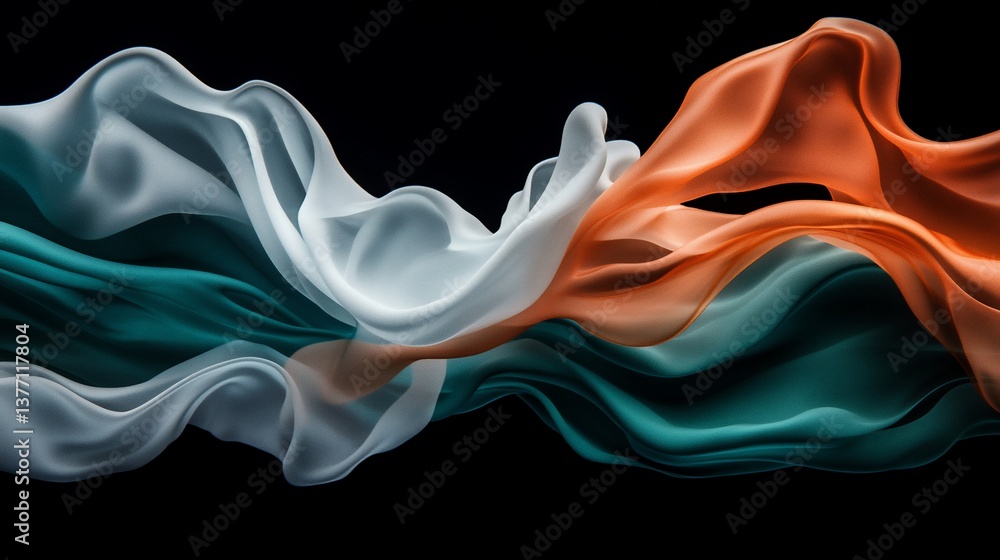 Fototapeta premium Flowing fabric in teal, white, and orange hues against a black background
