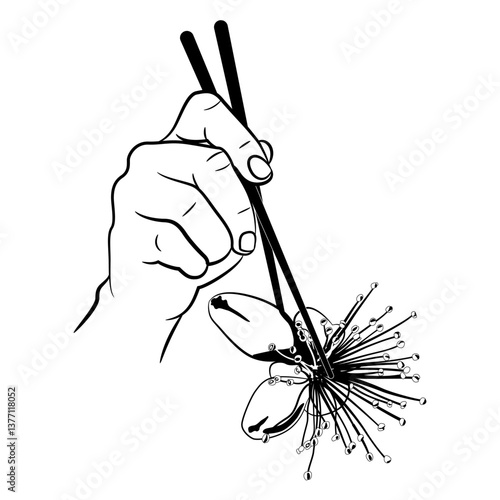 Human hand holding single flower of feijoa plant with chopsticks. Creative funny vegetarian food design. Black and white silhouette.