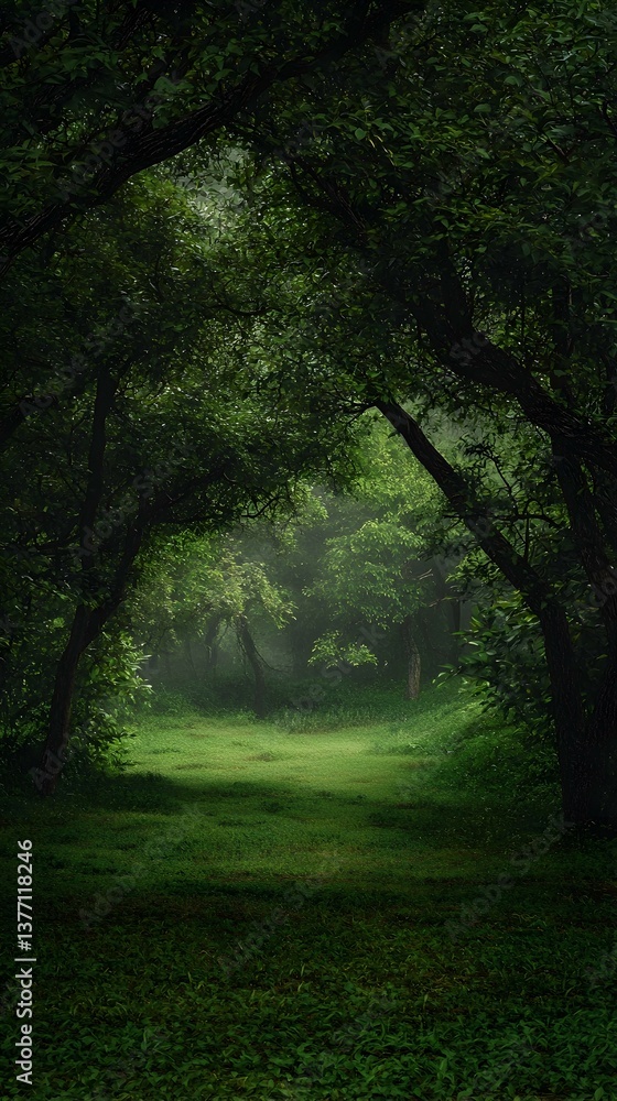 Fototapeta premium Mystical forest path, green foliage, sunlight filtering through trees, magical atmosphere, tranquil scene, nature's beauty, serene landscape, peaceful environment.