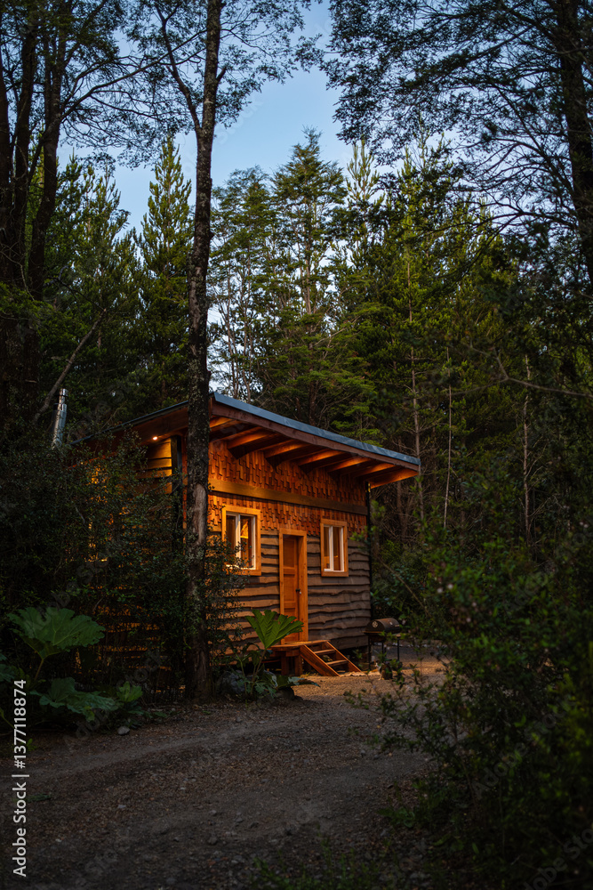 Cozy Wooden Cabin in Serene Forest Setting at Dusk Cozy Wooden Cabin in Serene Forest Setting at Dusk