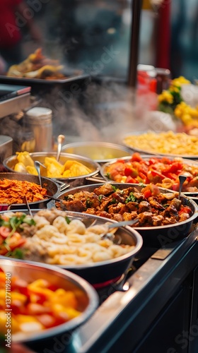 Street food stalls, steaming dishes, market scene