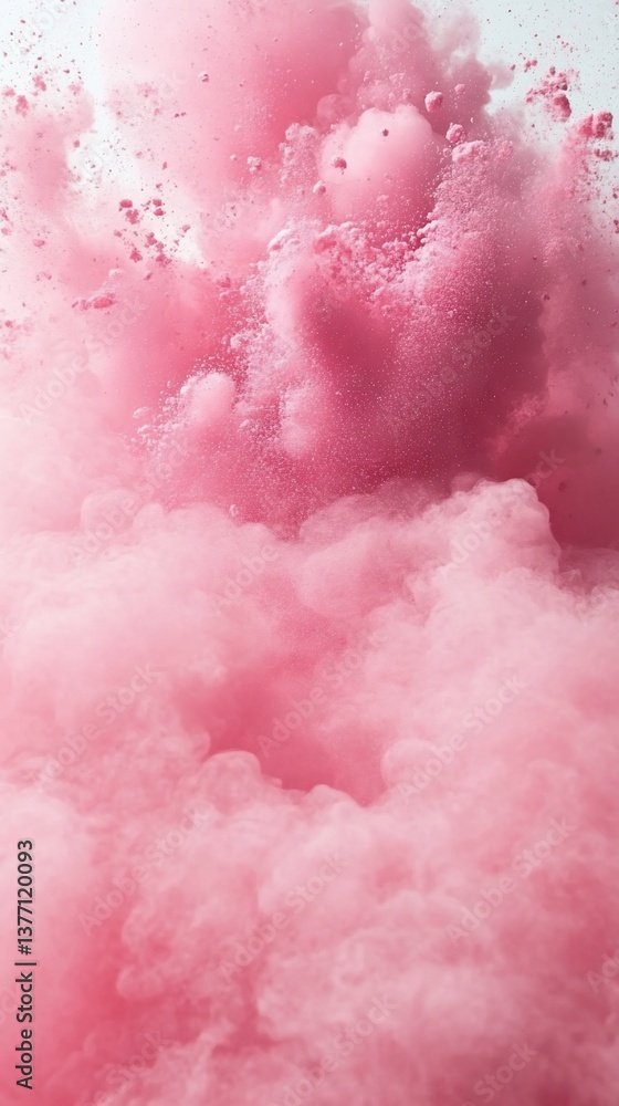 Obraz premium Abstract pink explosion. Fluffy, light pink powder erupts in the air, creating a dynamic, cloud-like effect. Soft, delicate, and ethereal