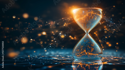 An hourglass glowing brightly in the darkness, symbolizing the passage of time. It has intricate details and emits a radiant glow.