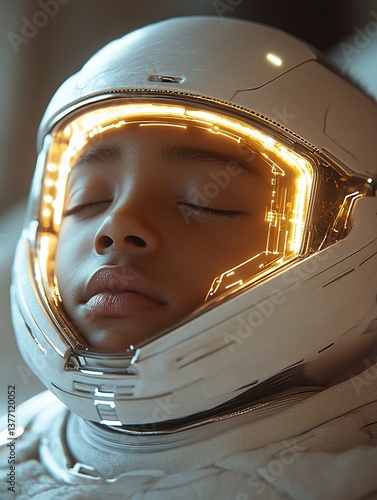 A child peacefully sleeps inside a futuristic astronaut helmet, illuminated by soft, warm lights