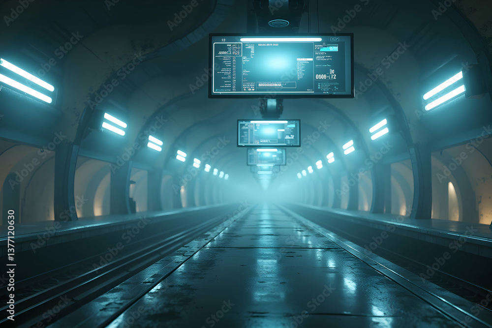 Naklejka premium Envisioning Tomorrow, A Mesmerizing Glimpse into a Dreamlike Futuristic Train Station with Cutting-Edge Technology and Serene Ambiance, Captivating the Imagination