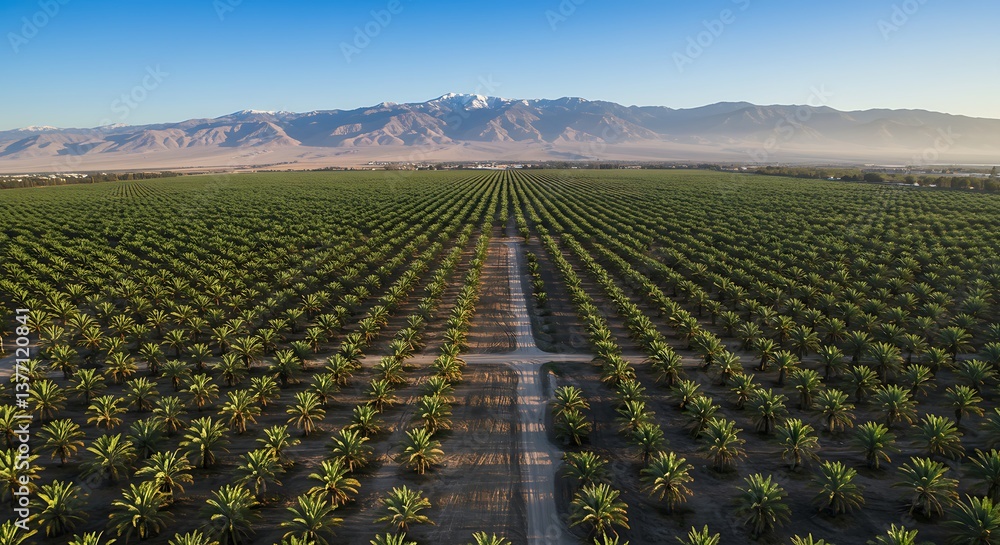 Obraz premium Aerial View of Date Palm Tree Plantation with Mountain Backdrop