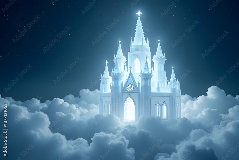 Fototapeta premium Ethereal Cathedral in the Clouds, A Shimmering Structure of Faith and Fantasy Illuminated by Starlight, a beacon of hope and inspiration for spiritual journeys