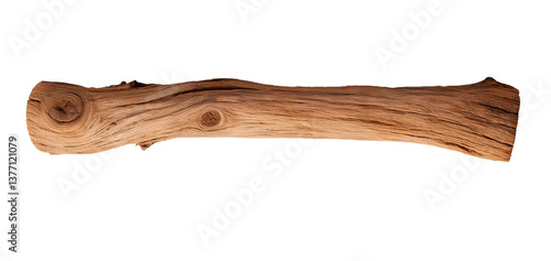 A dry wooden log with knots and cracks placed horizontally on a transparent background.