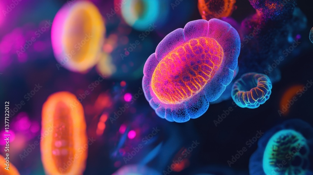 Obraz premium Abstract Microscopic World Depiction of Cells in a Vivid and Colorful Display, Medical Emphasizing Cellular Structure and Dynamics