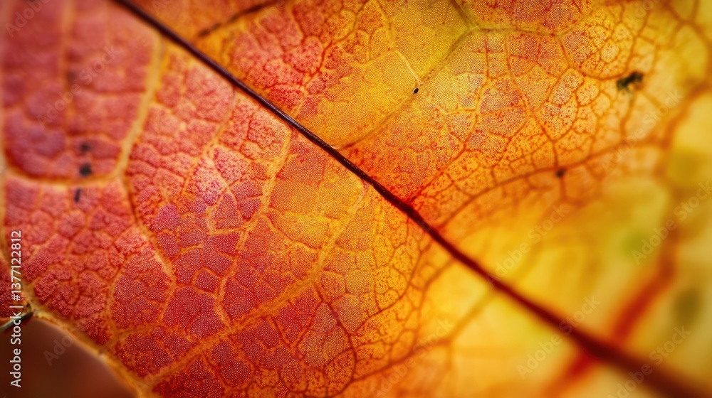 Fototapeta premium Close-up of a vibrant autumn leaf, showcasing intricate veins and textures.