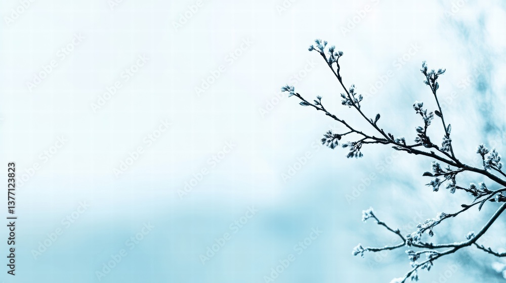 Delicate Winter Branch with Frosty Buds Against Soft Blue Background Delicate Winter Branch with Frosty Buds Against Soft Blue Background
