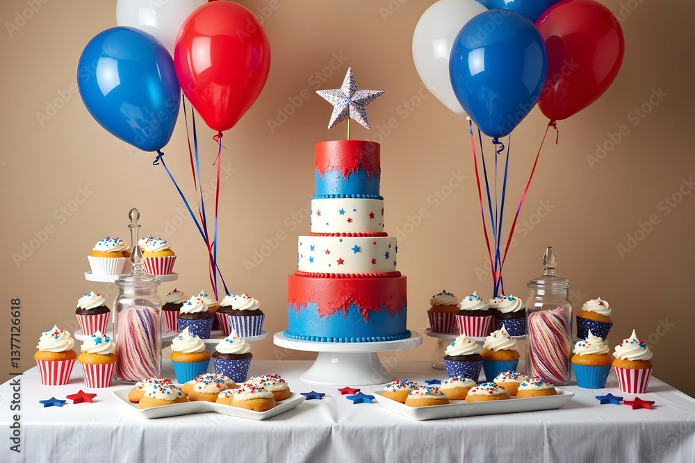 Festive Independence Day Dessert Table with Layered Cake, Cupcakes, Balloons, and Star Decorations Celebrating American Patriotism and Holiday Cheer