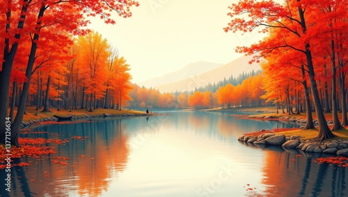 Serene Autumn Lake Surrounded by Vibrant Trees and Reflections