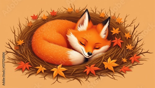 A Cozy Fox Curled Up in a Nest Surrounded by Autumn Leaves