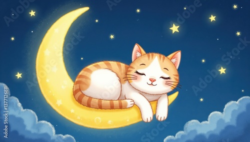 Sleepy Cat Curled Up on Crescent Moon Surrounded by Tiny Stars