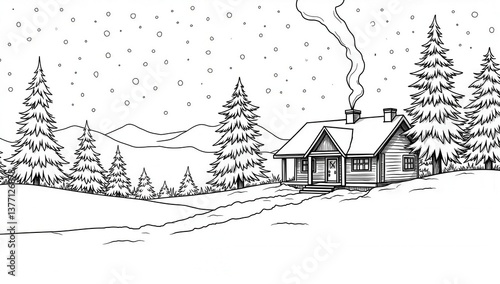 Cozy Cabin in Snowy Winter Landscape with Tall Pine Trees