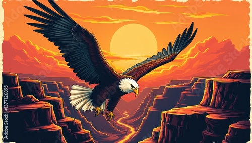 Soaring Eagle with Wings Spread Wide Over Canyon at Sunset