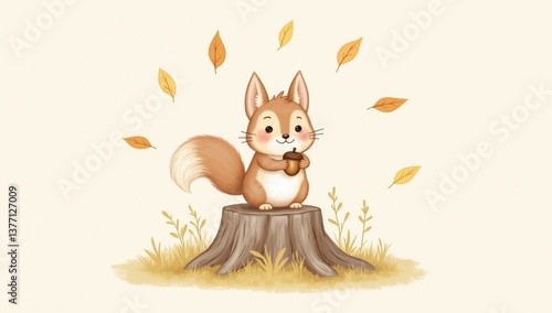Squirrel Holding Acorn on Tree Stump Surrounded by Falling Leaves