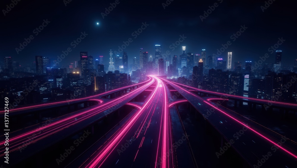 Obraz premium Futuristic Cyber Highway with Digital Data Streams in Neon Cityscape