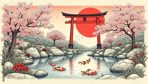 Tranquil Japanese Garden with Red Torii Gate and Koi Fish Pond