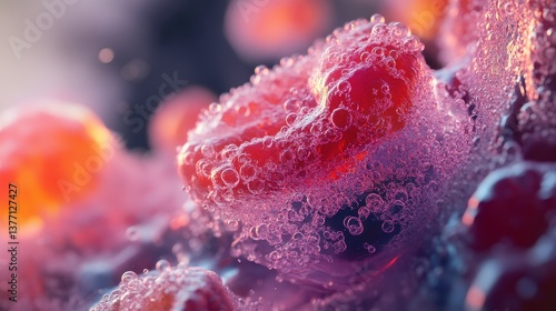 Artistic Red Blood Cells Rendered in a Stylized, Medical  Abstract Manner with Bubbles and Ethereal Lighting for a Dramatic Visual Effect