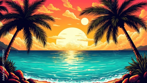 Tropical Paradise with Palm Trees and Vibrant Sunset Sky