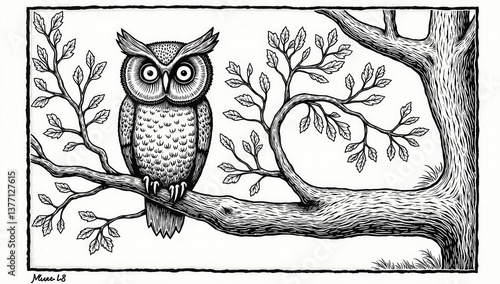 Wise Owl Perched on Twisted Branch with Intricate Feather Details