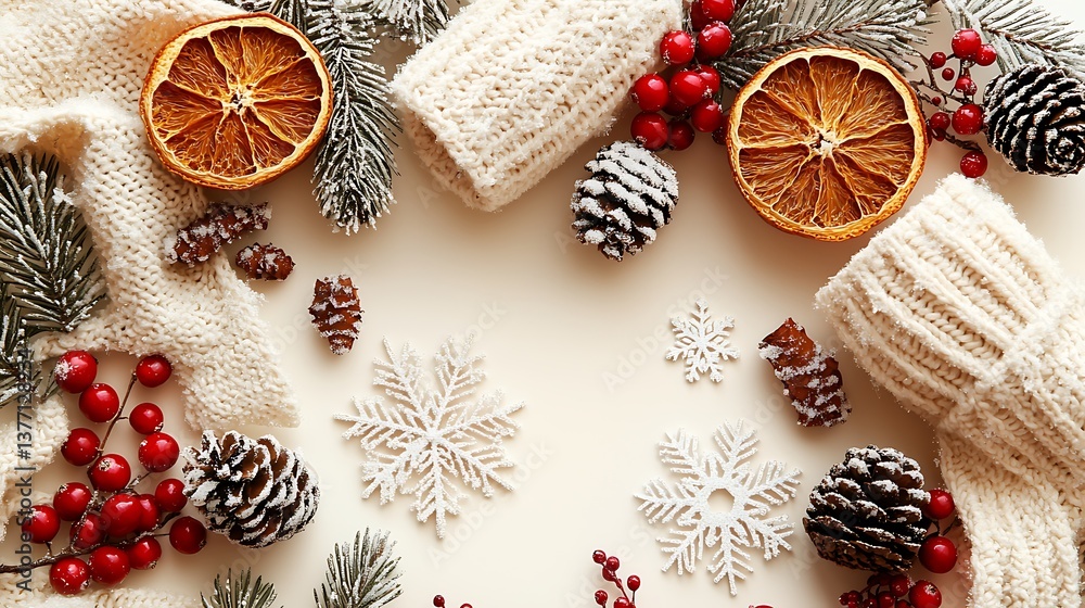 Obraz premium Cozy Winter Holiday Flatlay with Knitwear and Natural Elements