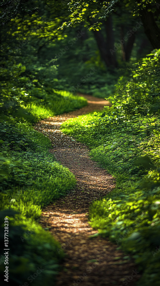 Fototapeta premium Sunlit Forest Path Winding Through Lush Greenery