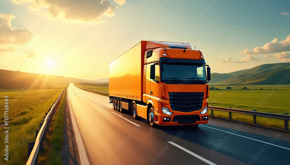 Obraz premium Orange truck drives on highway during sunset. Semi-truck transport cargo along asphalt road. Scenic landscape, green fields, mountains at dusk. Transportation, business, delivery concept.