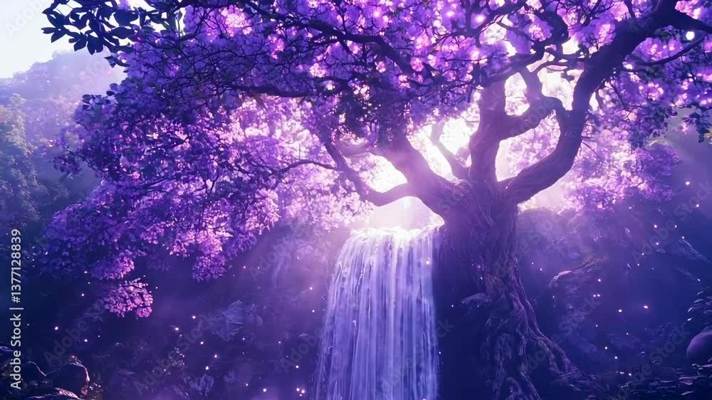 Enchanting fantasy scene with a low-angle view of a glowing tree and waterfall, creating a mystical atmosphere, perfect for a fantasy video backdrop. Live desktop wallpaper. Enchanting fantasy scene with a low-angle view of a glowing tree and waterfall, creating a mystical atmosphere, perfect for a fantasy video backdrop. Live desktop wallpaper.