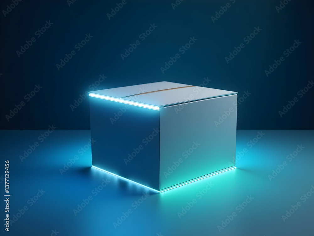 Futuristic Delivery, A Sleek Silver Box Mockup with Neon Accents, Perfect for Showcasing Modern Logistics and Hi-Tech Packaging Solutions, Innovative Design
