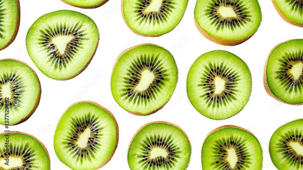 Fototapeta premium Fresh sliced kiwi fruit with vibrant green background and seamless pattern