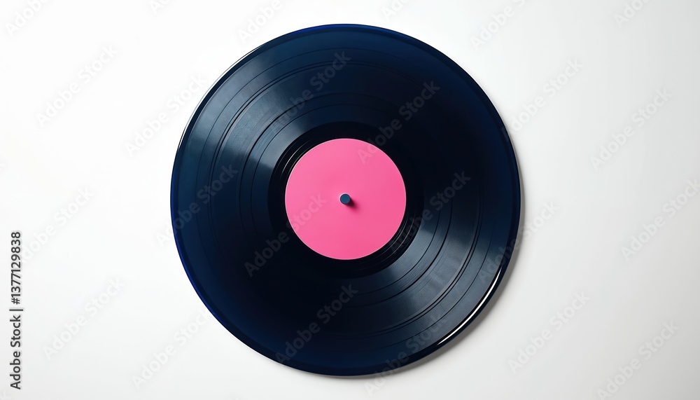 Fototapeta premium Top view of isolated vinyl record on white background. Black vinyl record with pink label, studio shot. Music media, classic musical album, retro record. Perfect for music tech, music albums.