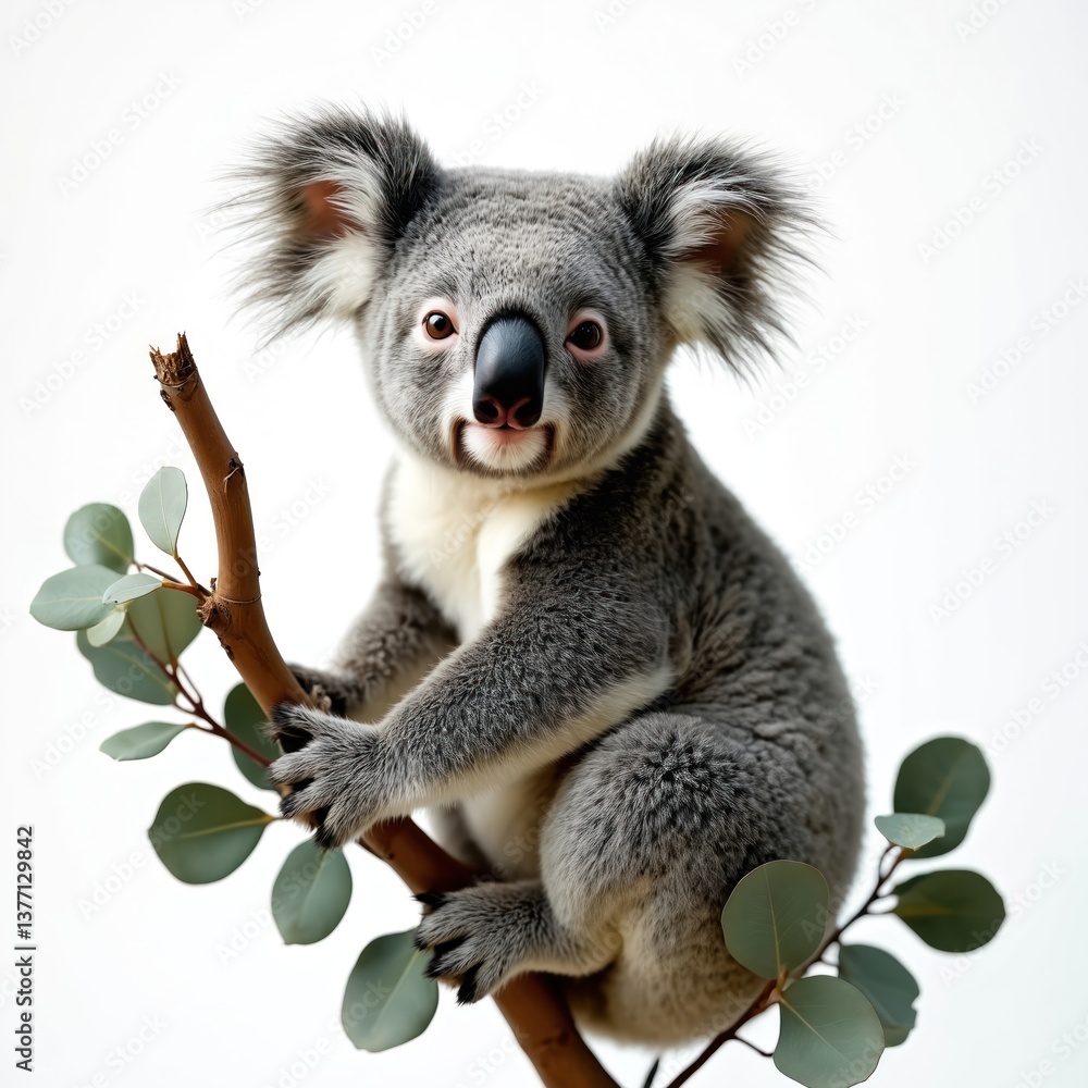 Obraz premium Adorable koala sits branch with leaves against white backdrop. Cute animal, fluffy fur, round ears, dark nose. Wildlife, Australia, native species, marsupial, tree.