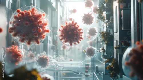 The Microscopic Invasion Red Virus Cells in a Sterile Environment, Medical  an Artistic Rendering of Viral Presence in a Controlled Setting