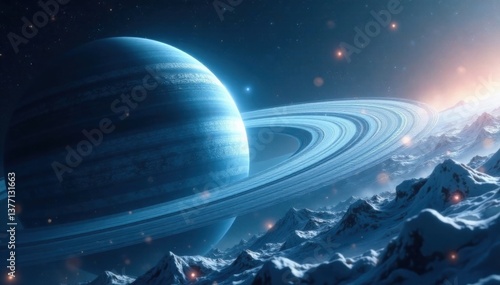 Icy blue planet with rings surrounded by shimmering cosmic dust and distant starlight, cosmic, blue