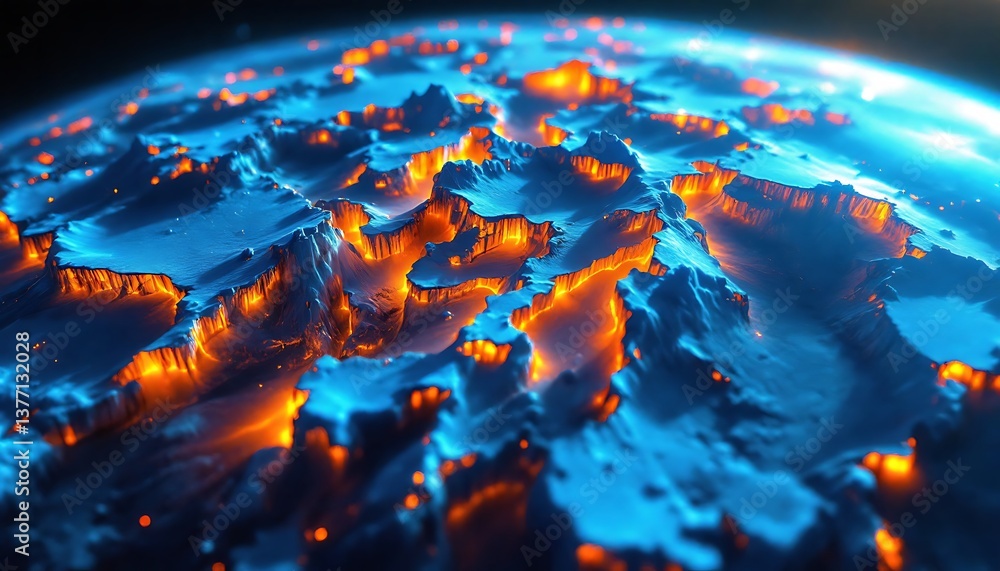 Fototapeta premium Abstract Planet Surface with Blue Terrain and Glowing Orange Light