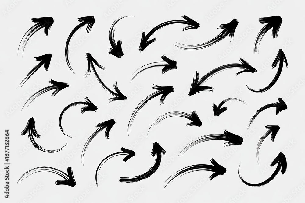 Fototapeta premium Black ink brushstroke arrows on a white background showcasing dynamic movement and direction.