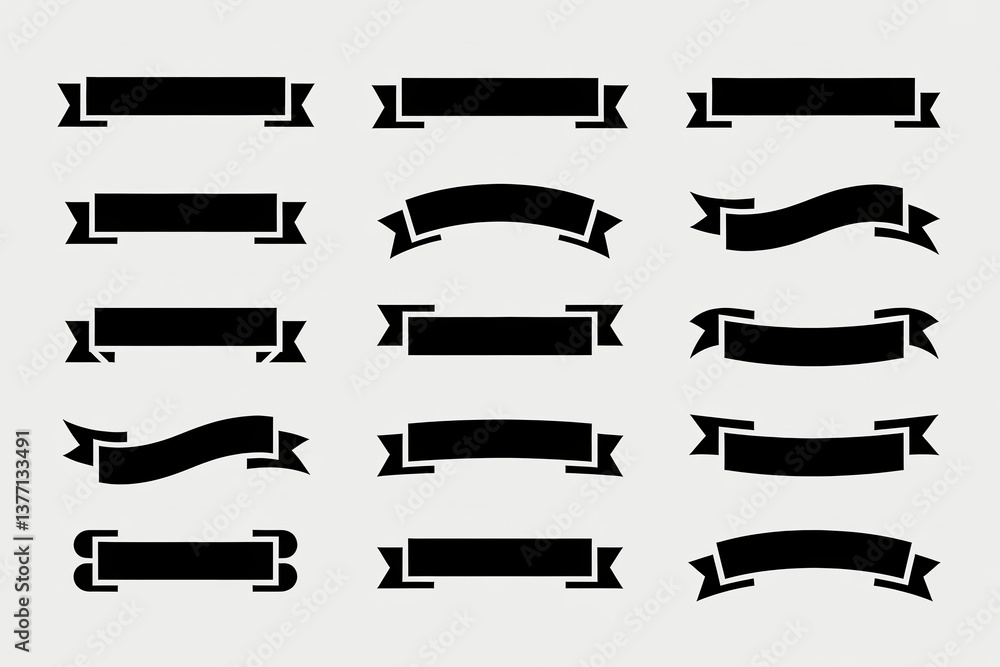 Set of black decorative ribbons and banners on a light background. Set of black decorative ribbons and banners on a light background.